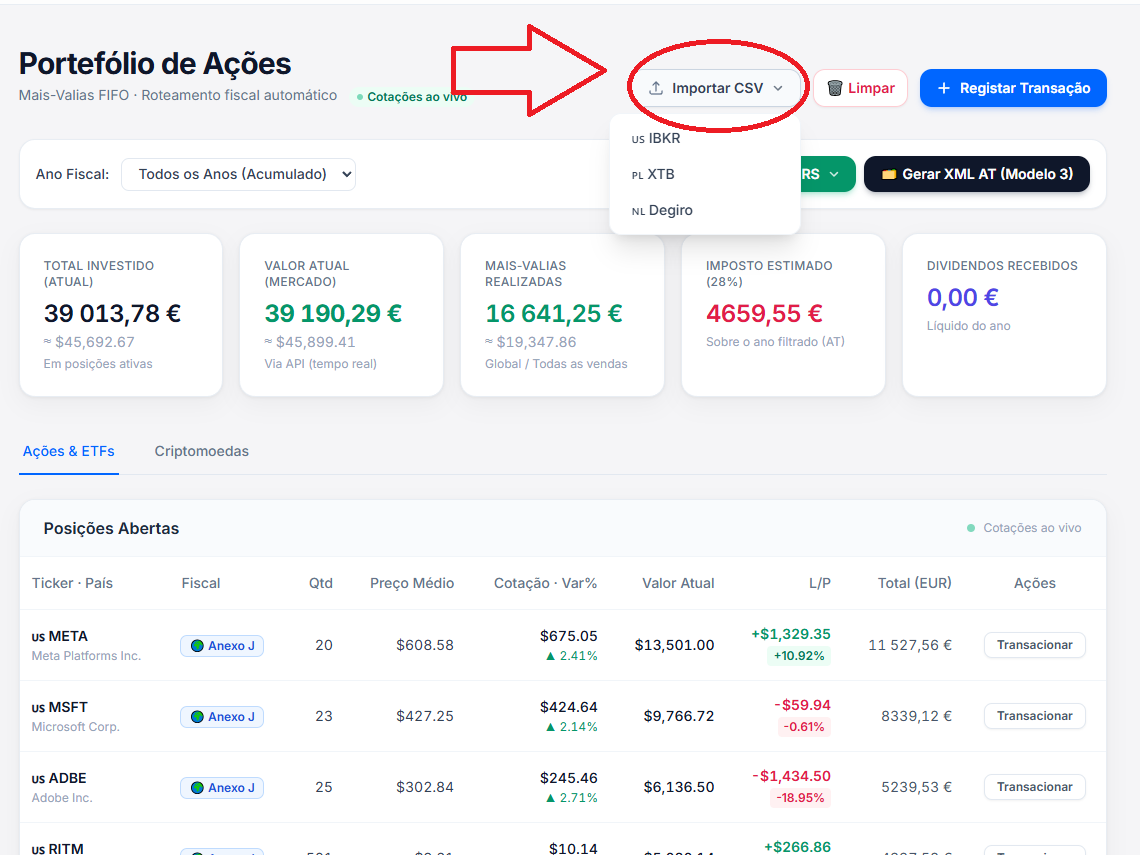 Menu Importar CSV